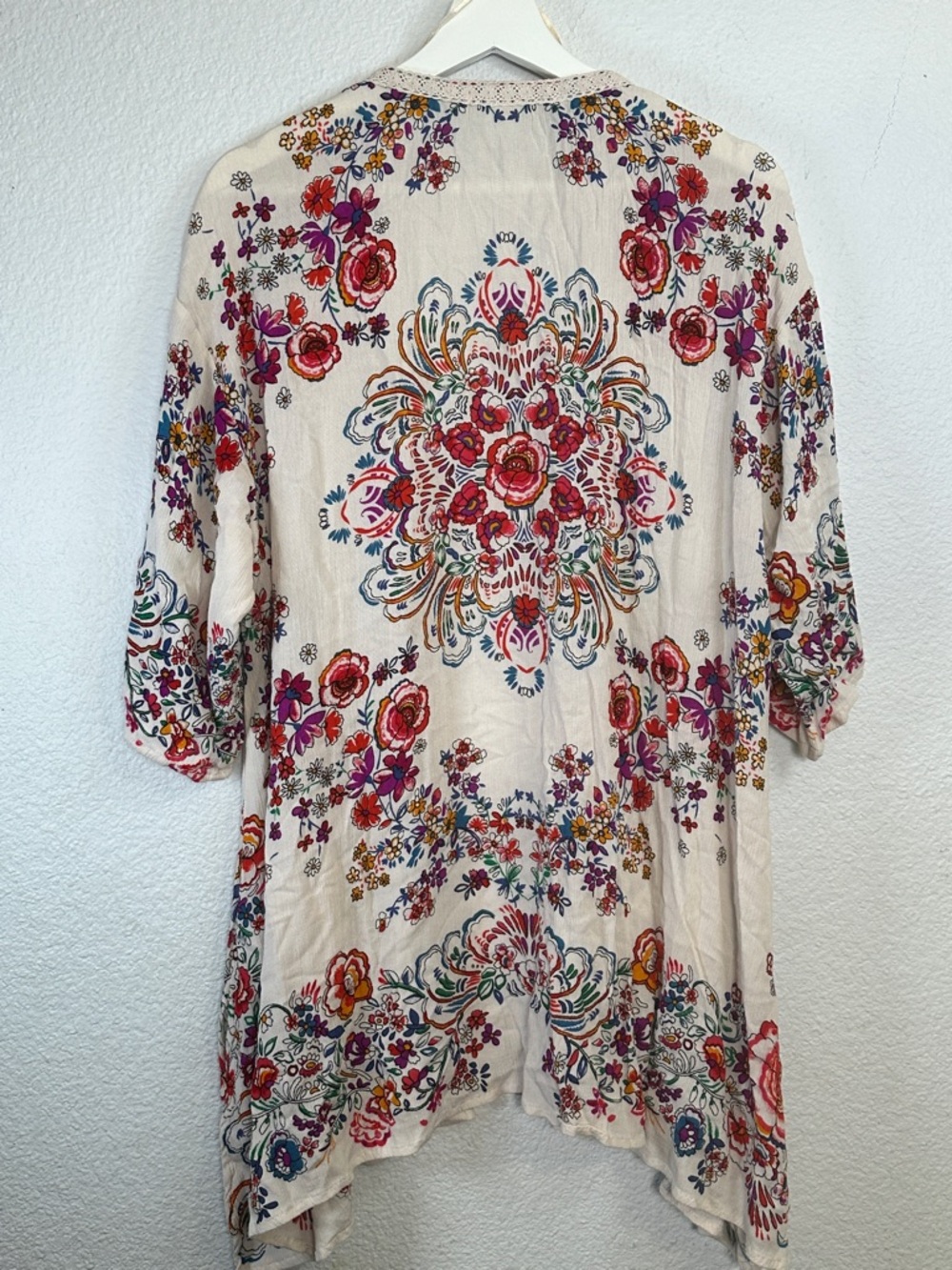 Bila Boho Hippie Floral Long Kimono Duster Cover-Up Cardigan XS/S Lace Trim - Picture 2 of 12